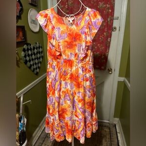 Terra & Sky Orange and Purple Floral Watercolor Ruffle Dress 0X 14 W